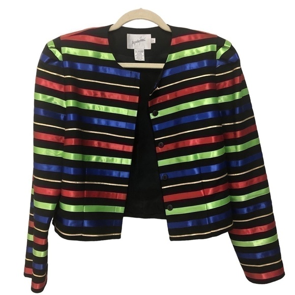 VTG 80s Jacqueline Ferrar Holiday Ready  Dressy Striped Cropped Jacket Med 10 - Picture 3 of 9